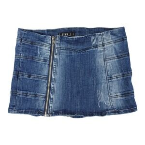 Y2K Denim Mini Skirt Womens M Blue Zip Front Distressed Micro Moto Grunge Vtg